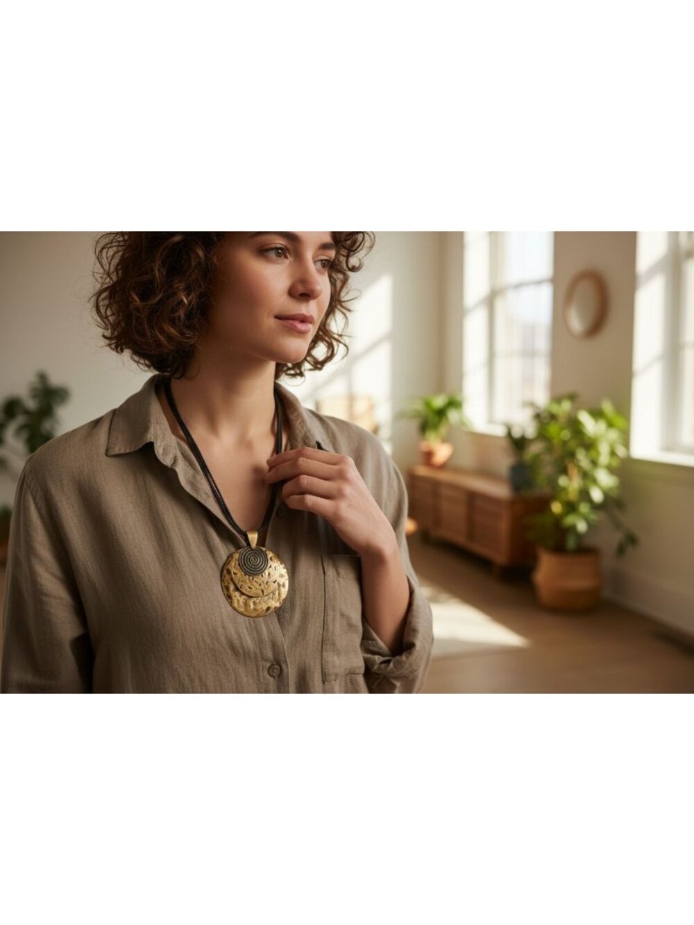 Brass Spiral Pendant Necklace Earrings Multi-strand Cord Bohemian Ethnic Artisan - Picture 9 of 11